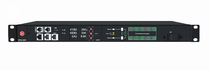 Устройство распределения электропитания iPDU-3001 Managed PDU+ATS, 1U, 230V, 16А, in (2) C20, out (10) C13, SNMP v3, HTTPS