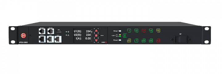 Устройство распределения электропитания iPDU-3001 Managed PDU+ATS, 1U, 230V, 16А, in (2) C20, out (10) C13, SNMP v3, HTTPS
