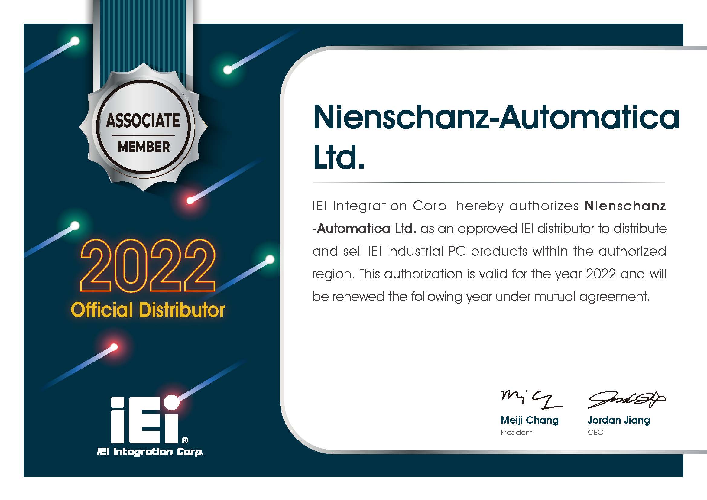 IEI Official Distributor Certificate IEI Official Distributor Certificate